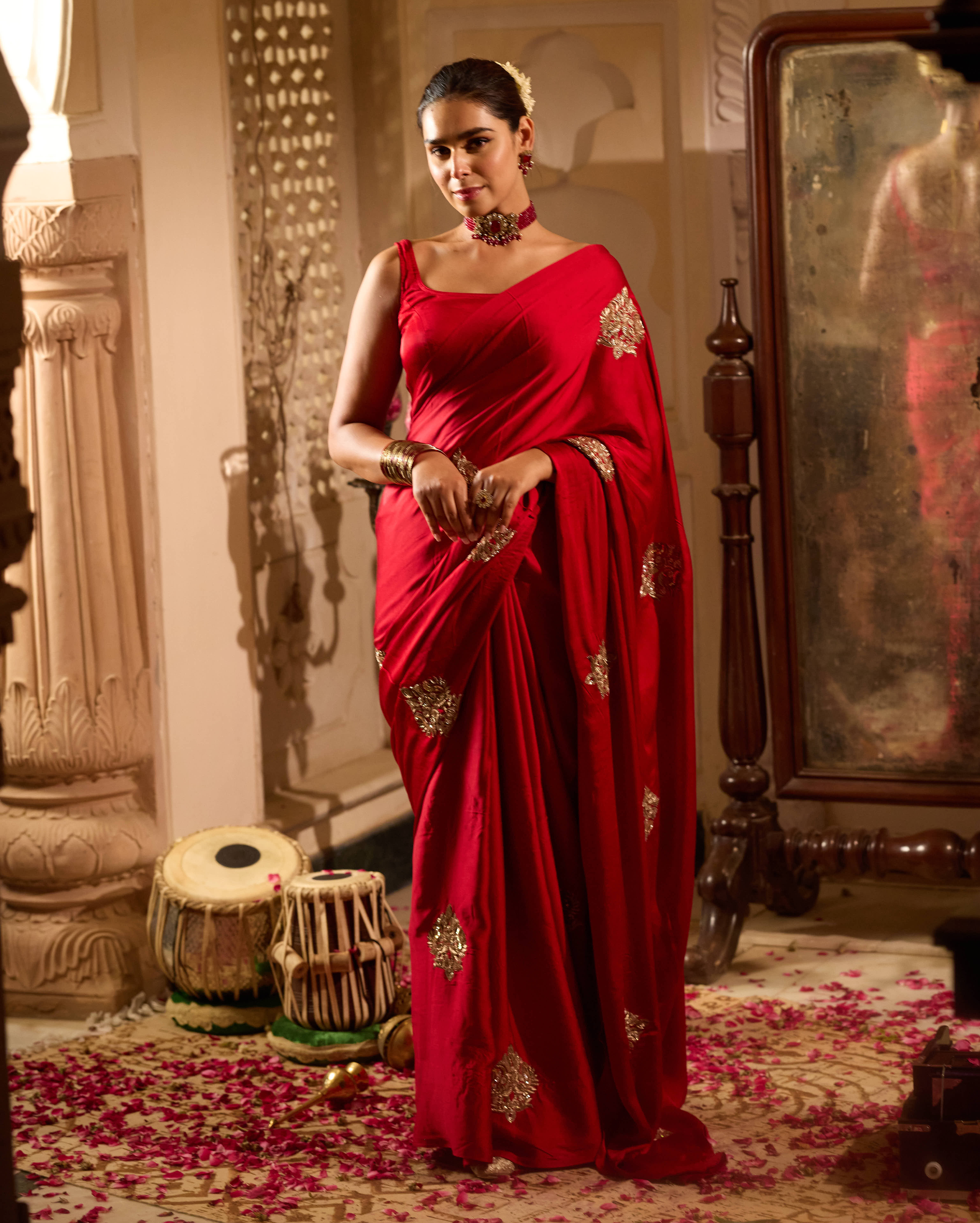 Nishaani Red Handcrafted Satin Saree