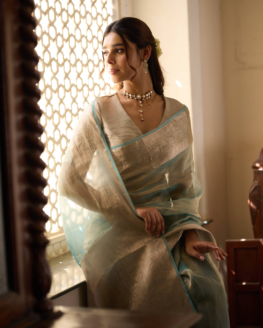 Rajni Sage Blue Solid Pure Tissue Saree