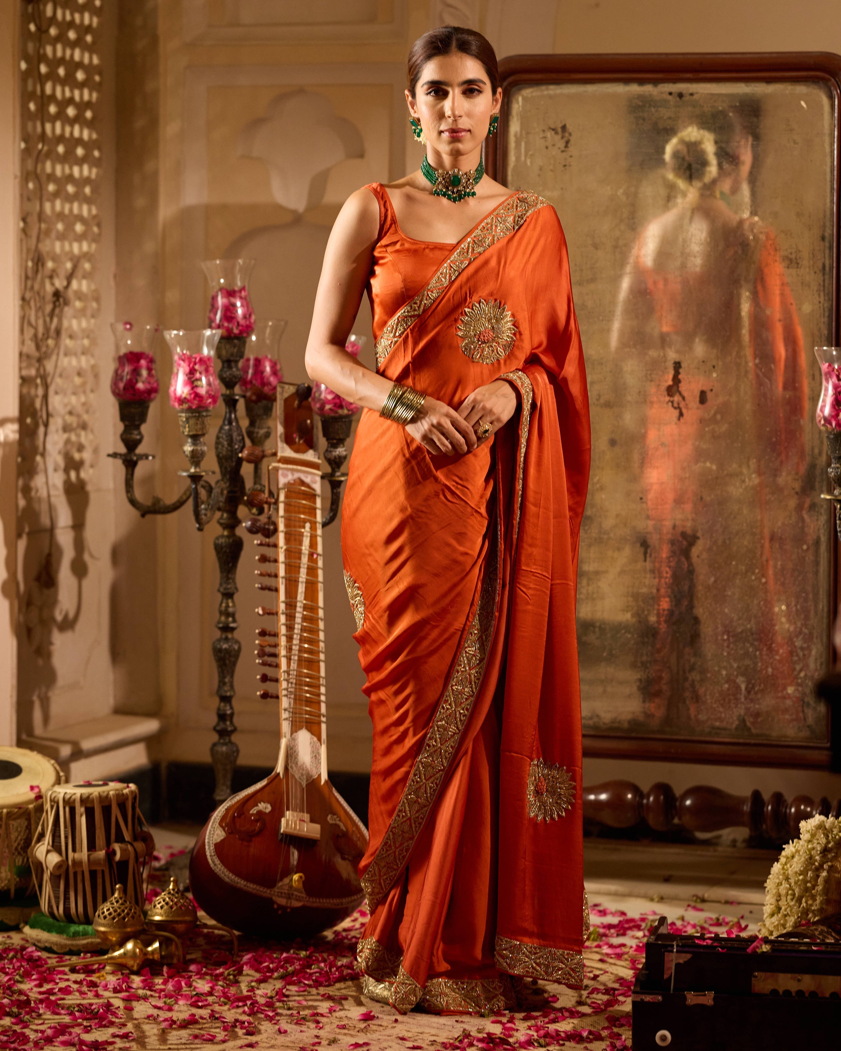 Rooh Rust Orange Handcrafted Satin Saree