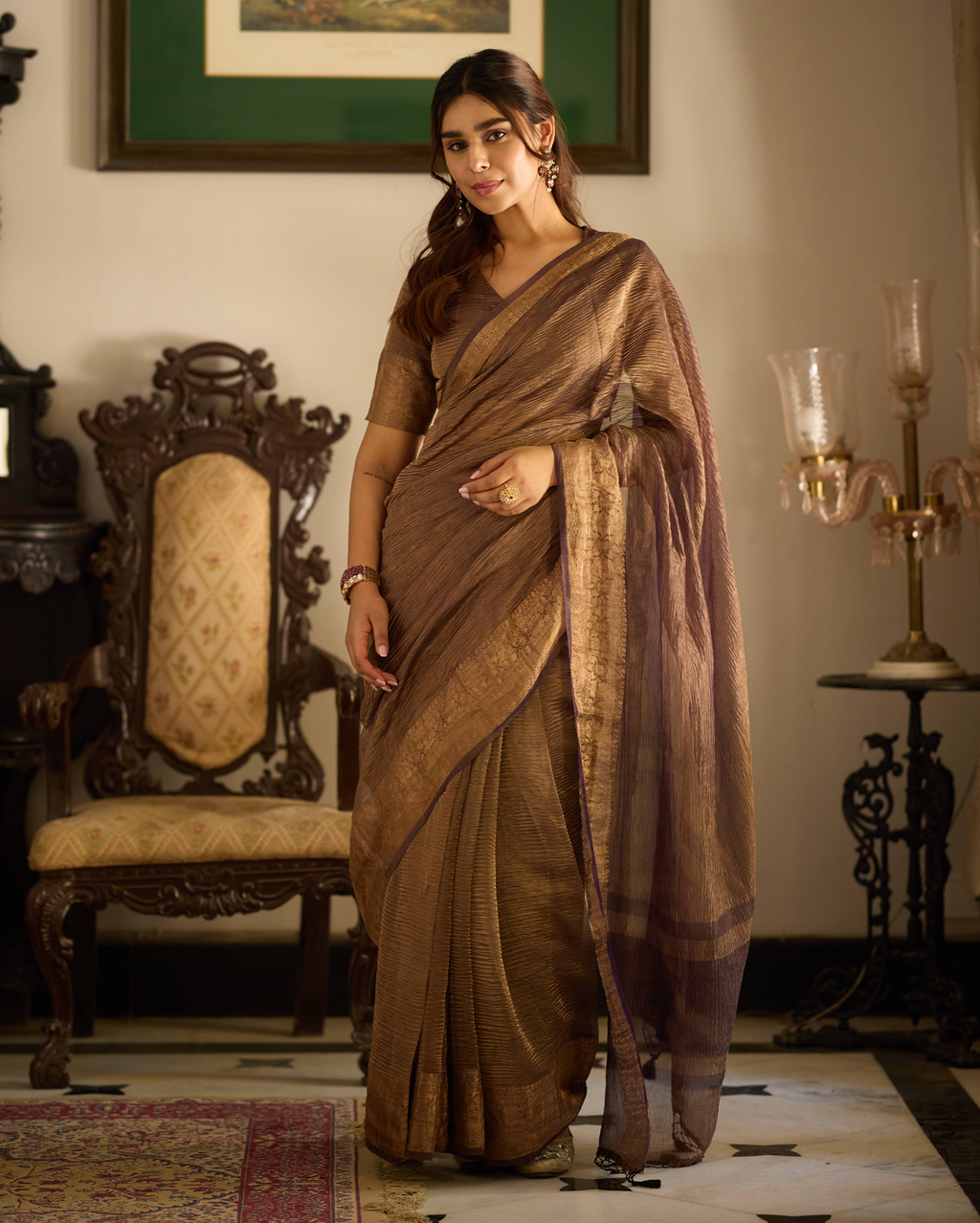 Vrishti Purple Solid Crushed Tissue Saree