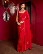 Utsaha Red Handcrafted Chiffon Saree