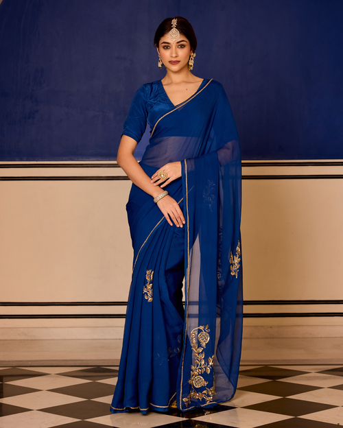 Abha Blue Handcrafted Chiffon Saree