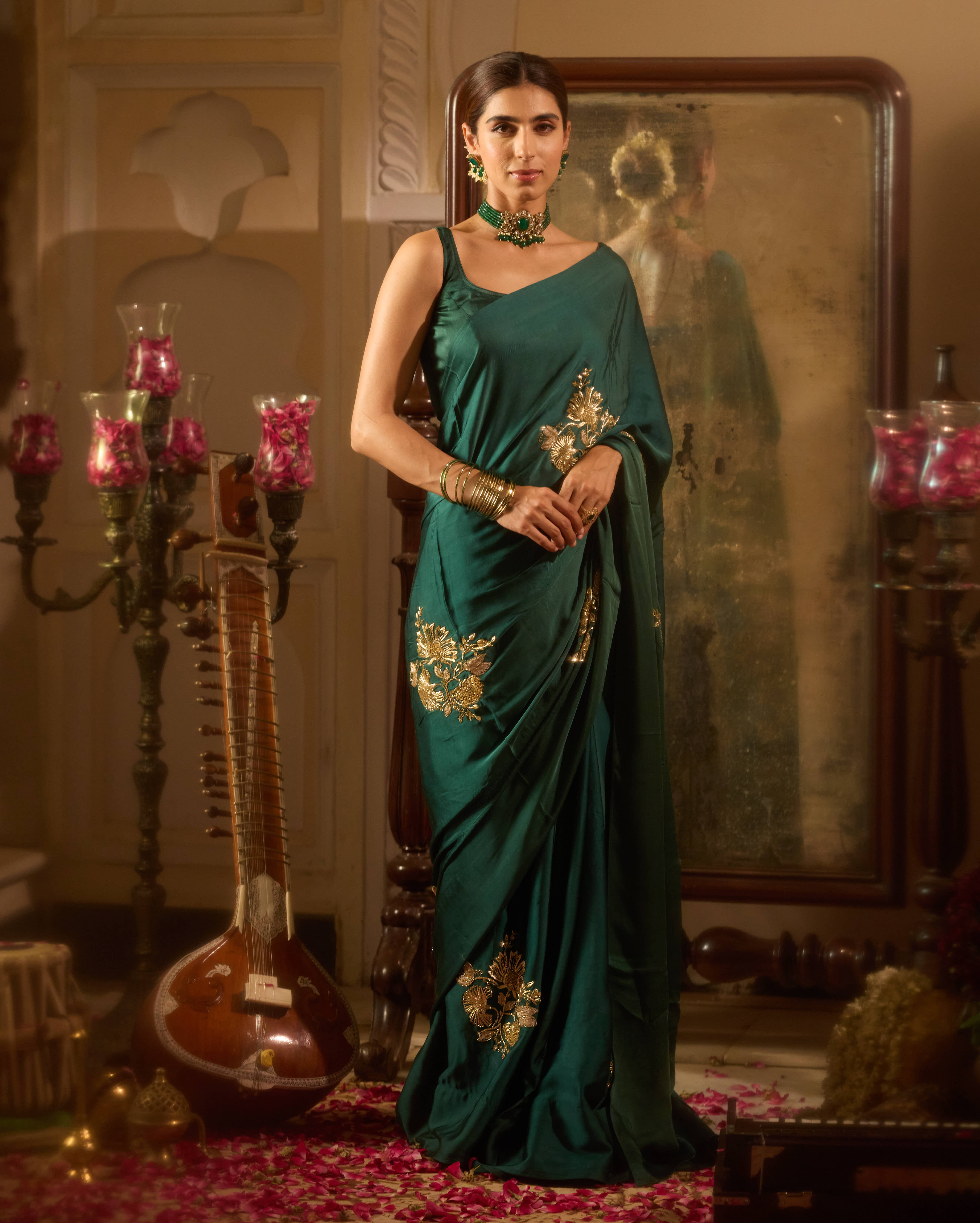 Yaadgaar Green Handcrafted Satin Saree