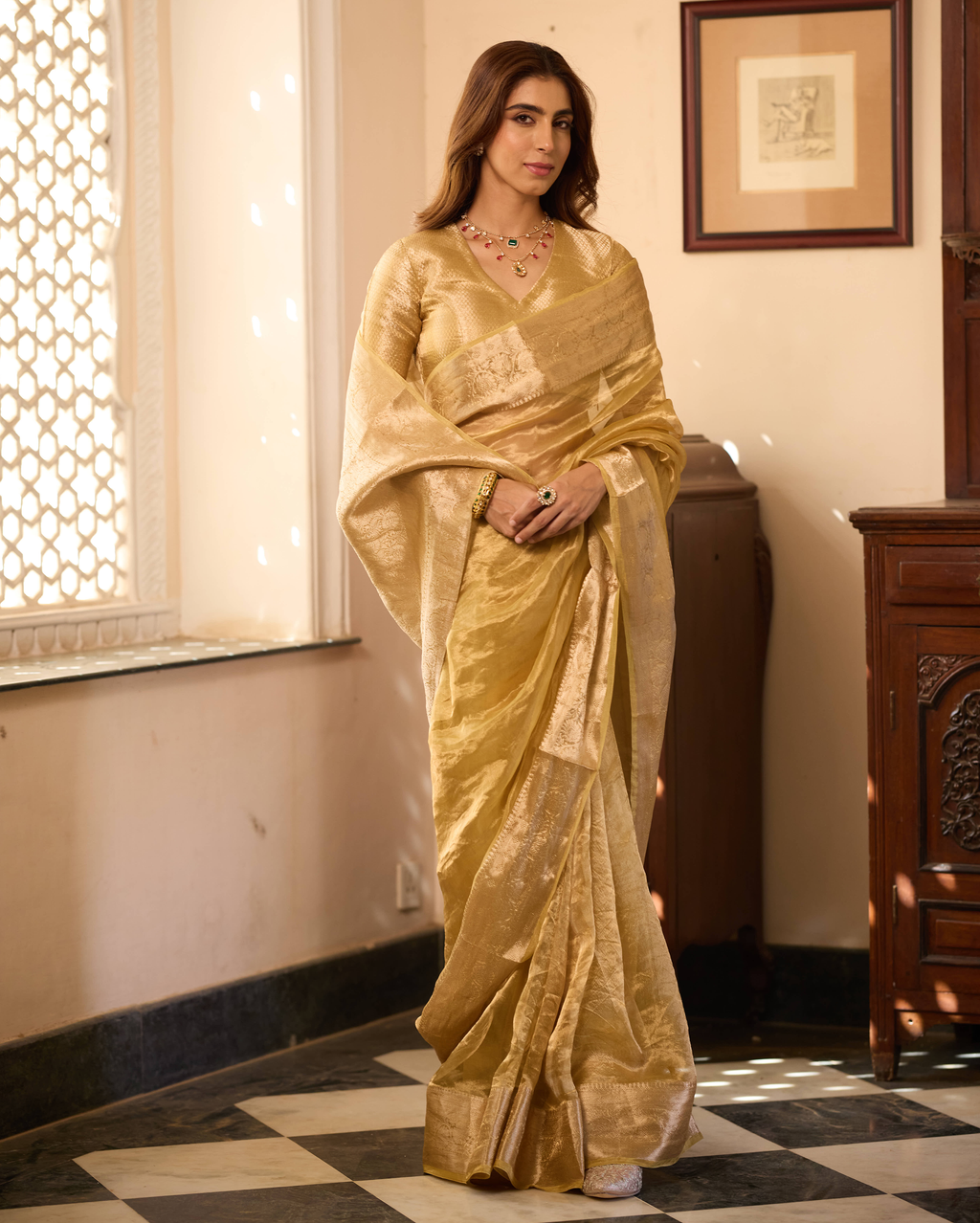 Vibha Golden Solid Pure Tissue Saree