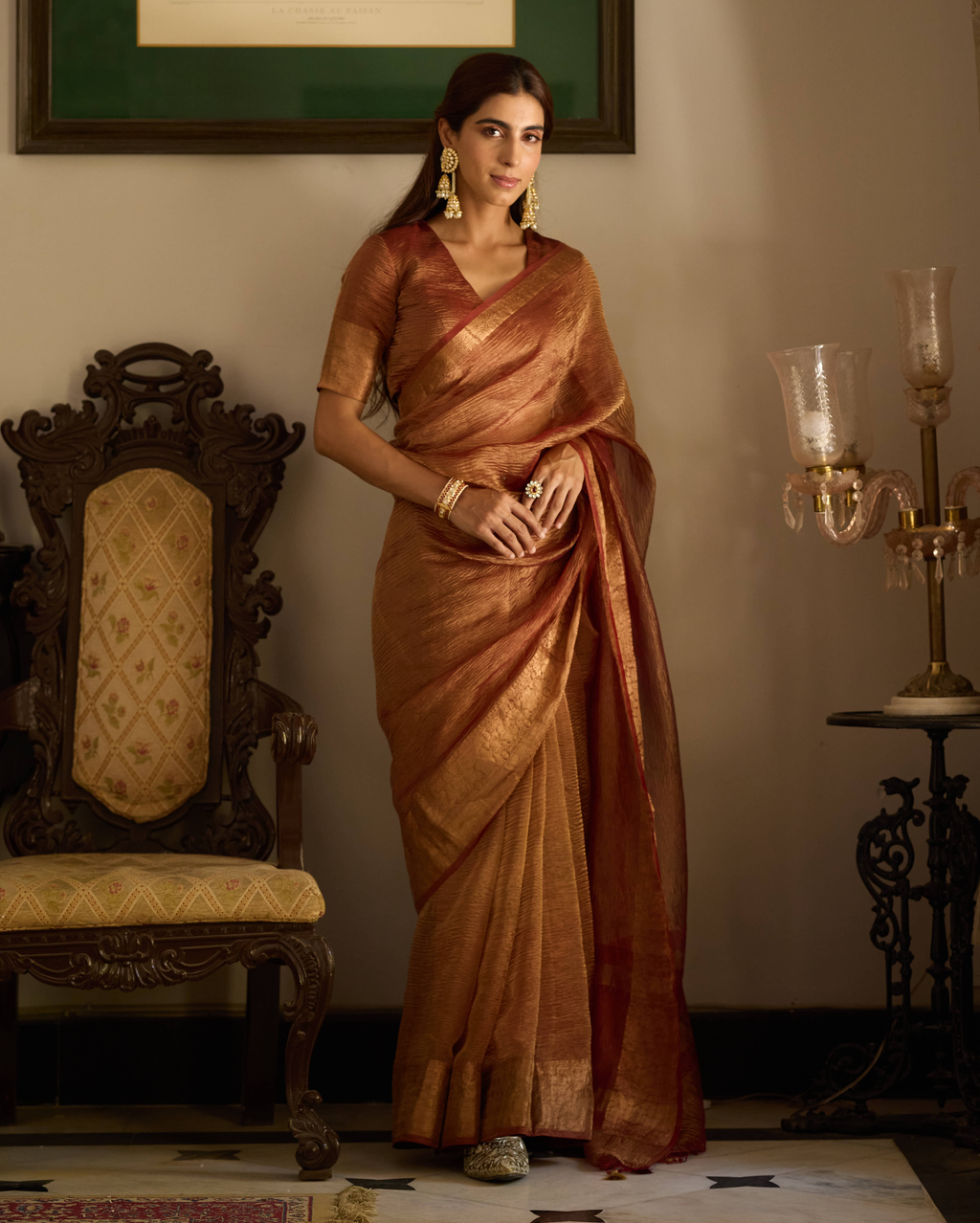 Hima Brown Solid Crushed Tissue Saree