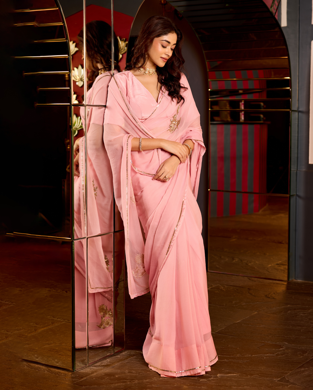 Ehsas Powder Pink Handcrafted Chiffon Saree