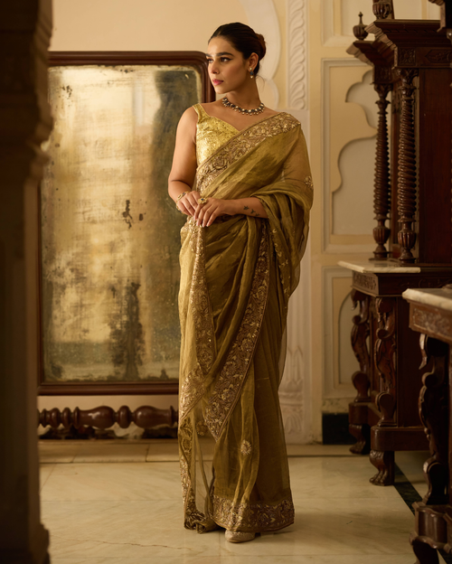 Ahilya Golden Metallic Green Handcrafted Pure Tissue Saree