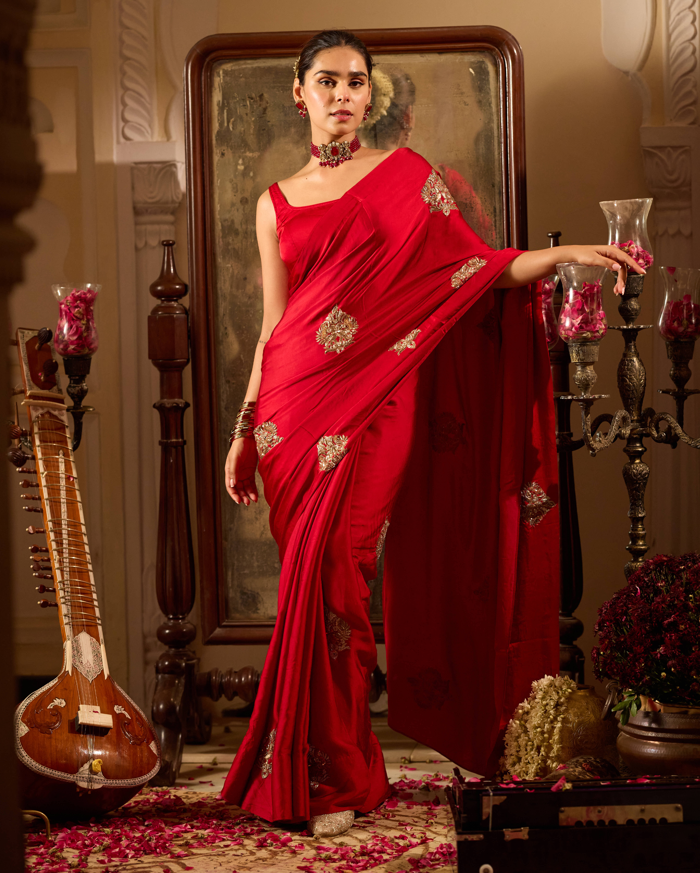 Nishaani Red Handcrafted Satin Saree