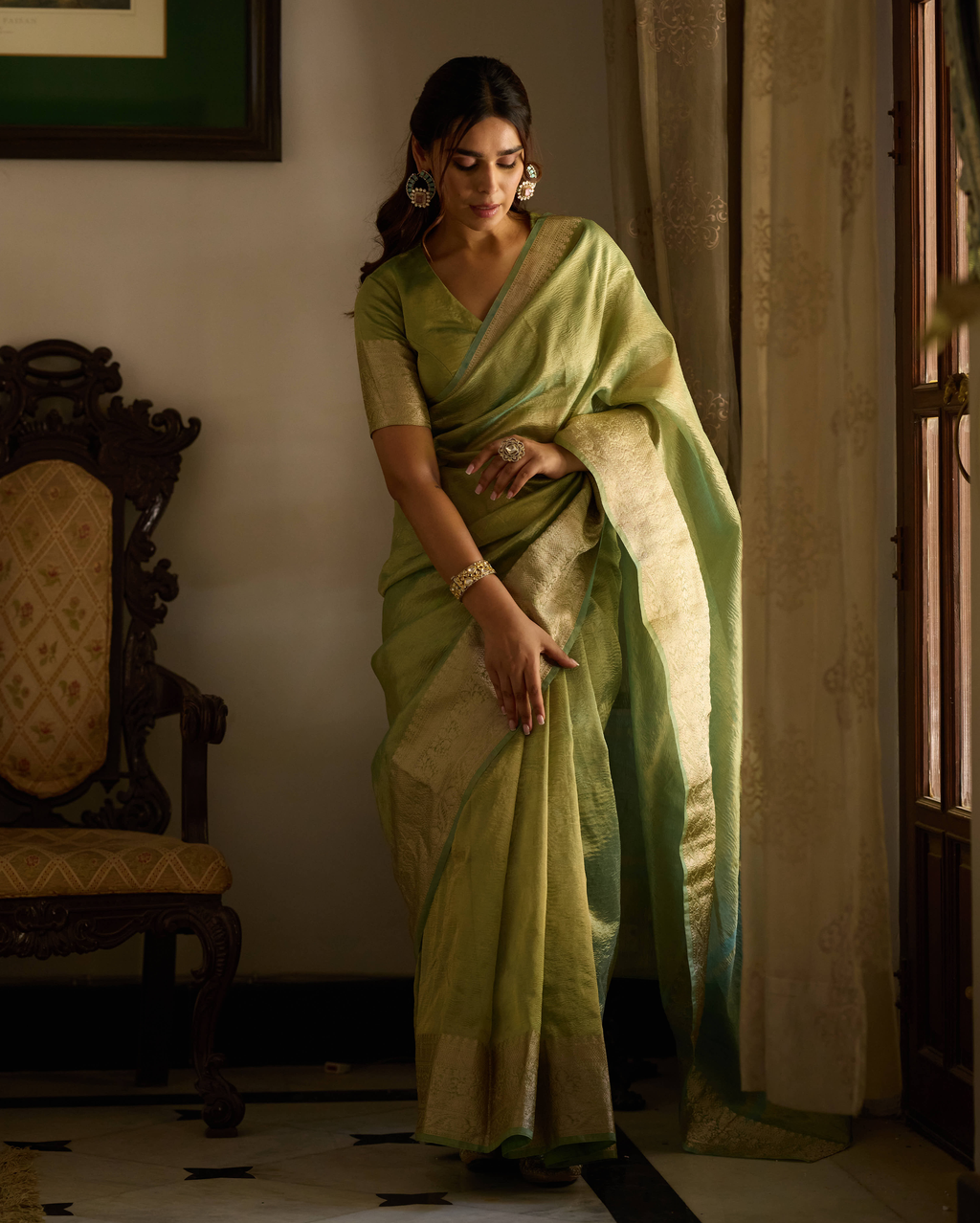 Nazara Green Solid Crushed Tissue Saree