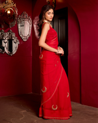 Utsaha Red Handcrafted Chiffon Saree