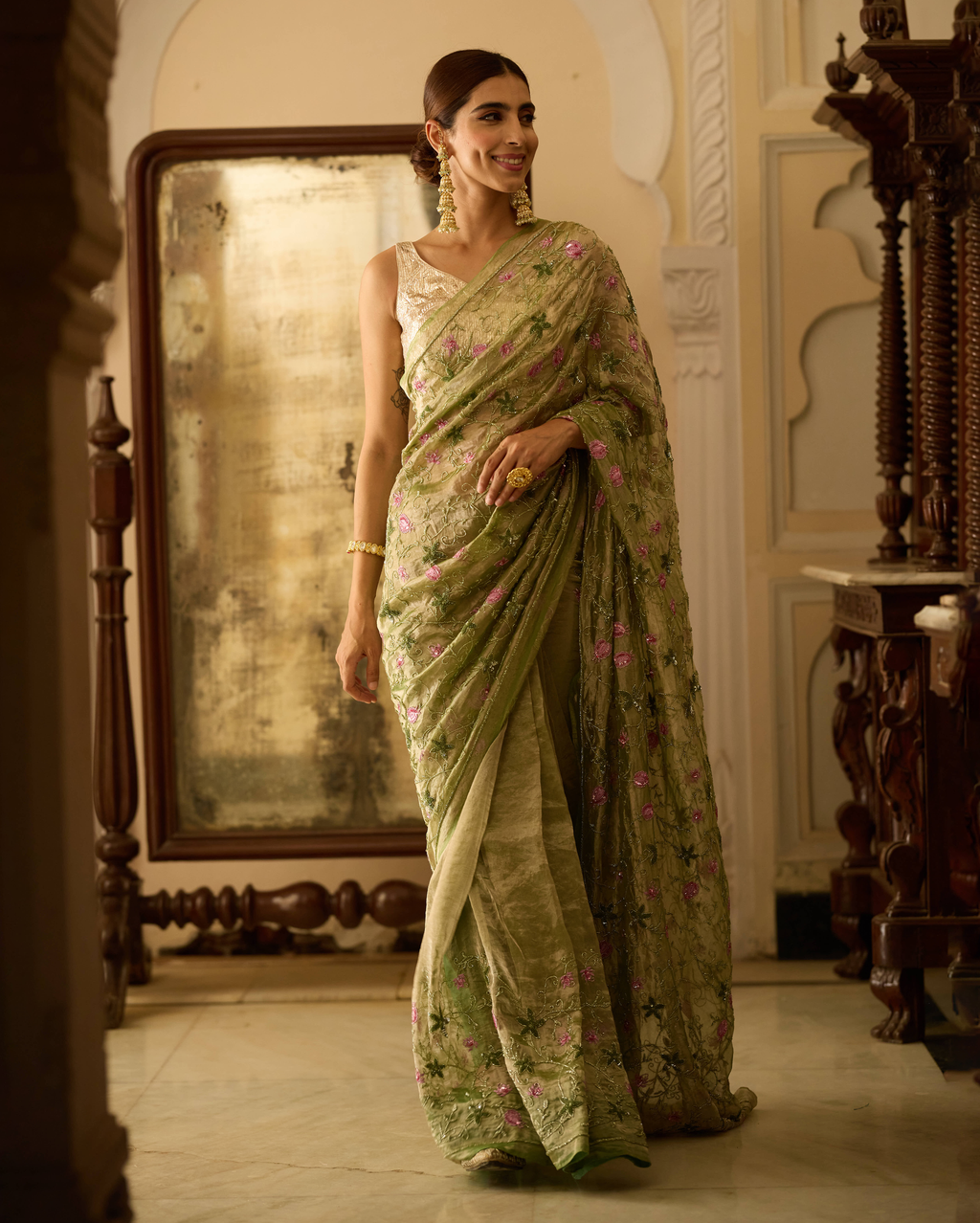 Manmohini Green Handcrafted Pure Tissue Saree