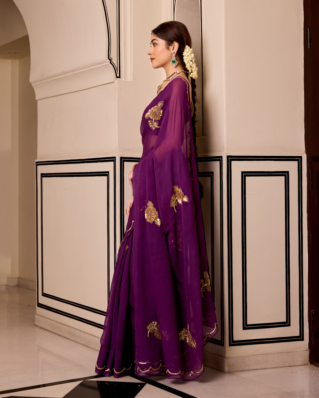 Mudita Purple Handcrafted Chiffon Saree