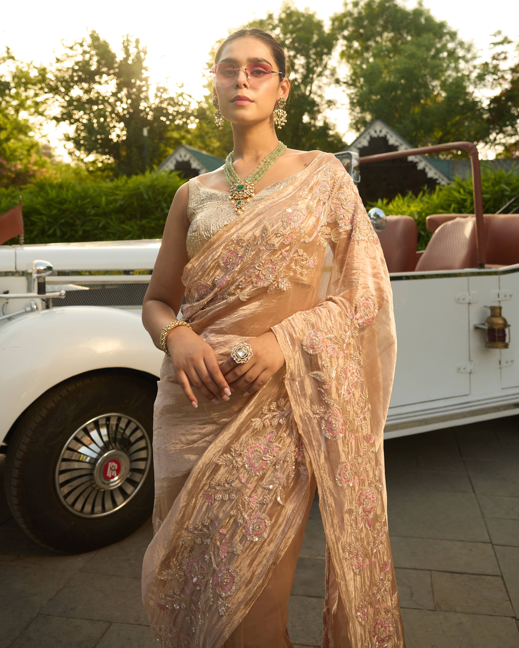 Sanyogita Beige Handcrafted Pure Tissue Saree
