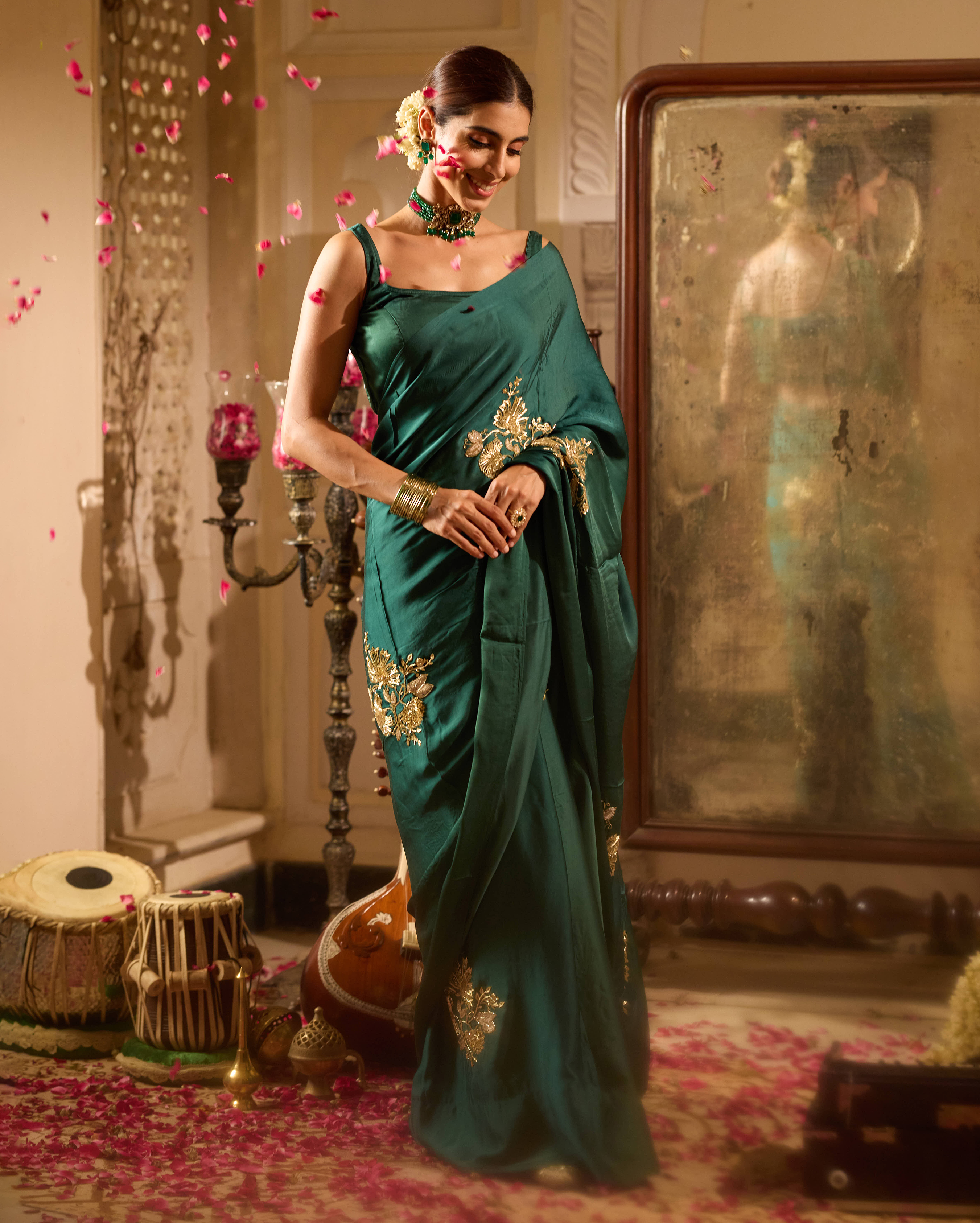 Yaadgaar Green Handcrafted Satin Saree