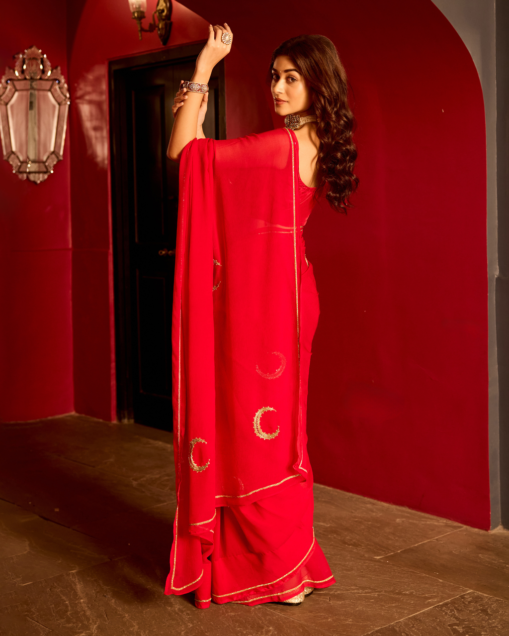 Utsaha Red Handcrafted Chiffon Saree