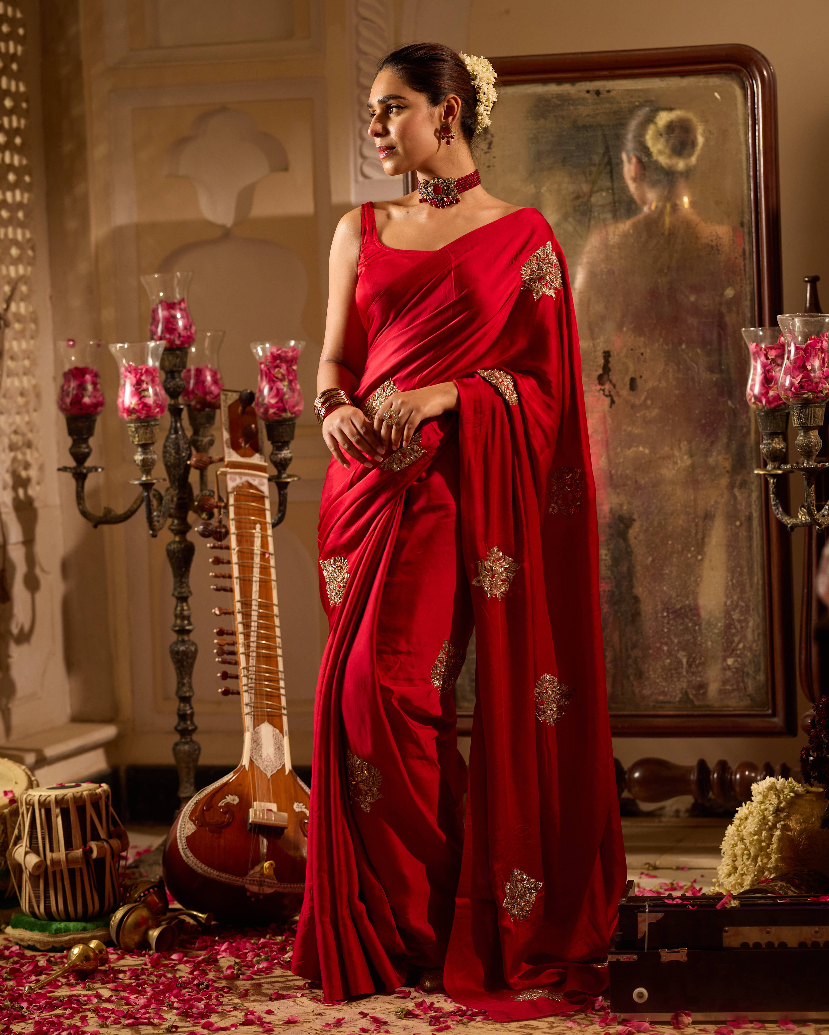 Nishaani Red Handcrafted Satin Saree