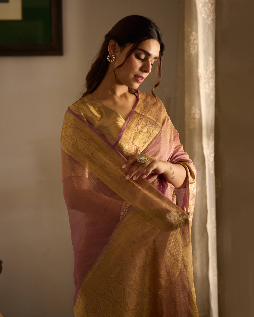 Raqaabat Pink Solid Crushed Tissue Saree