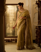 Ahilya Golden Metallic Green Handcrafted Pure Tissue Saree