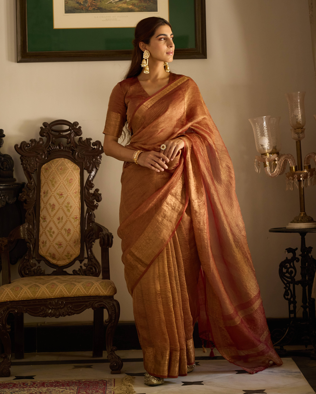 Hima Brown Solid Crushed Tissue Saree