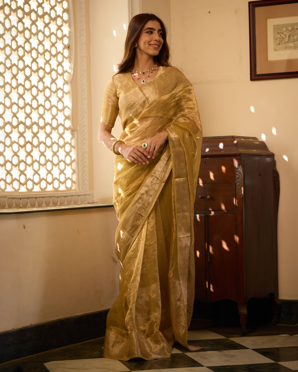 Vibha Golden Solid Pure Tissue Saree
