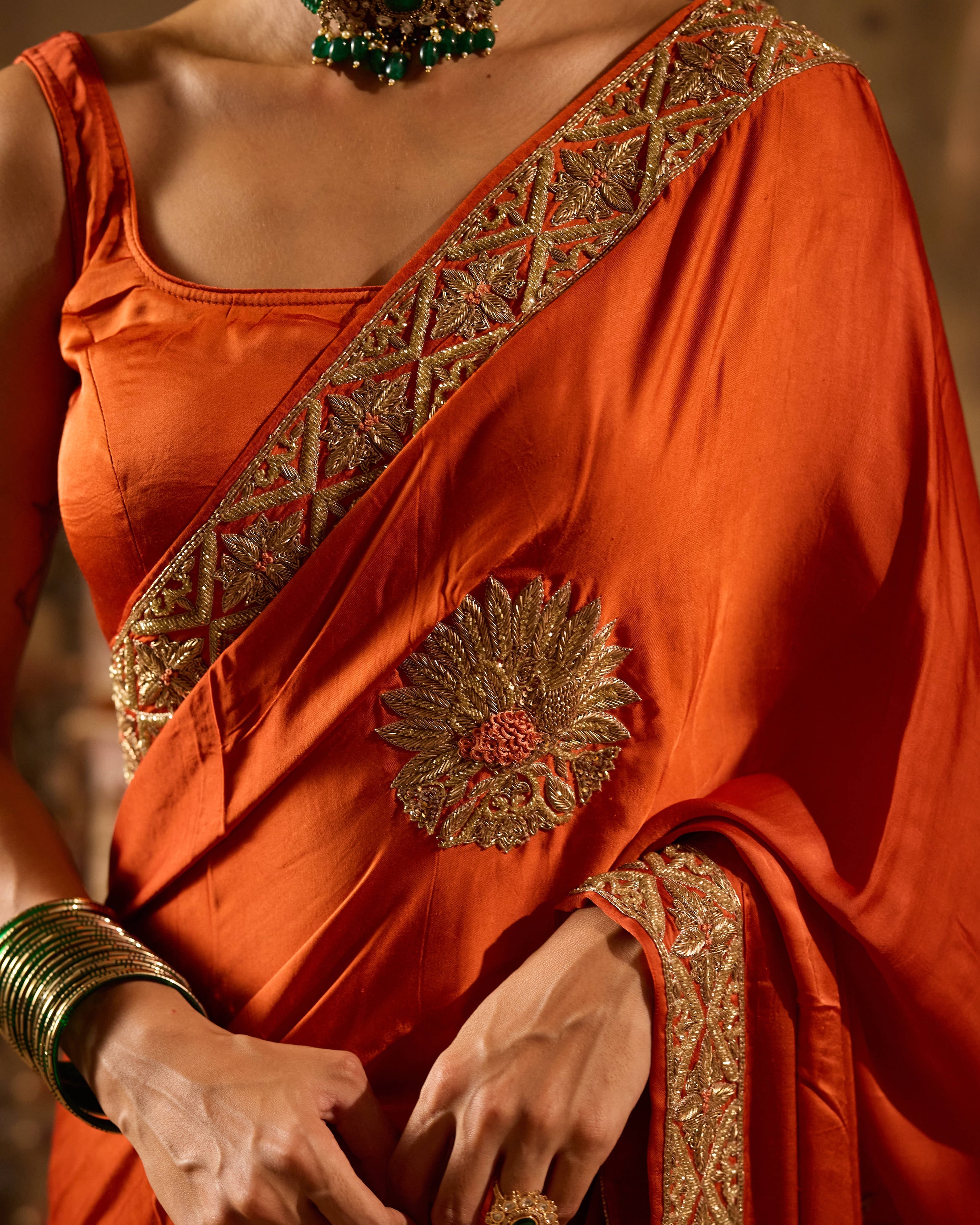 Rooh Rust Orange Handcrafted Satin Saree
