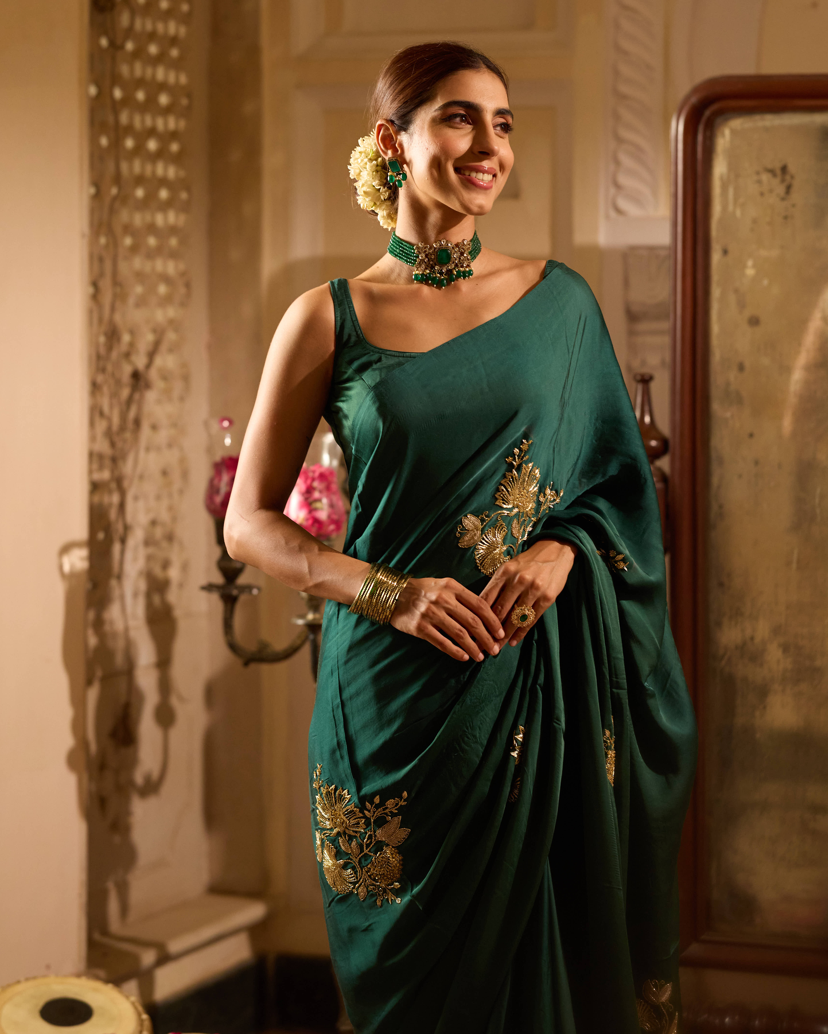 Yaadgaar Green Handcrafted Satin Saree