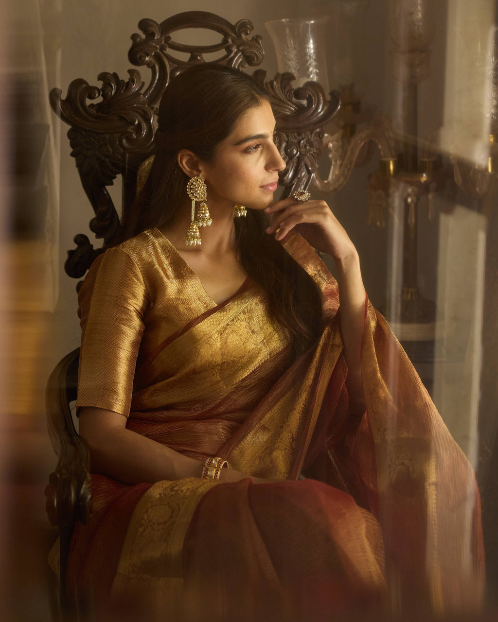 Svara Rust Orange Solid Crushed Tissue Saree