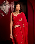 Utsaha Red Handcrafted Chiffon Saree