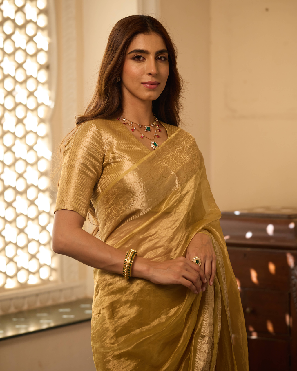 Vibha Golden Solid Pure Tissue Saree