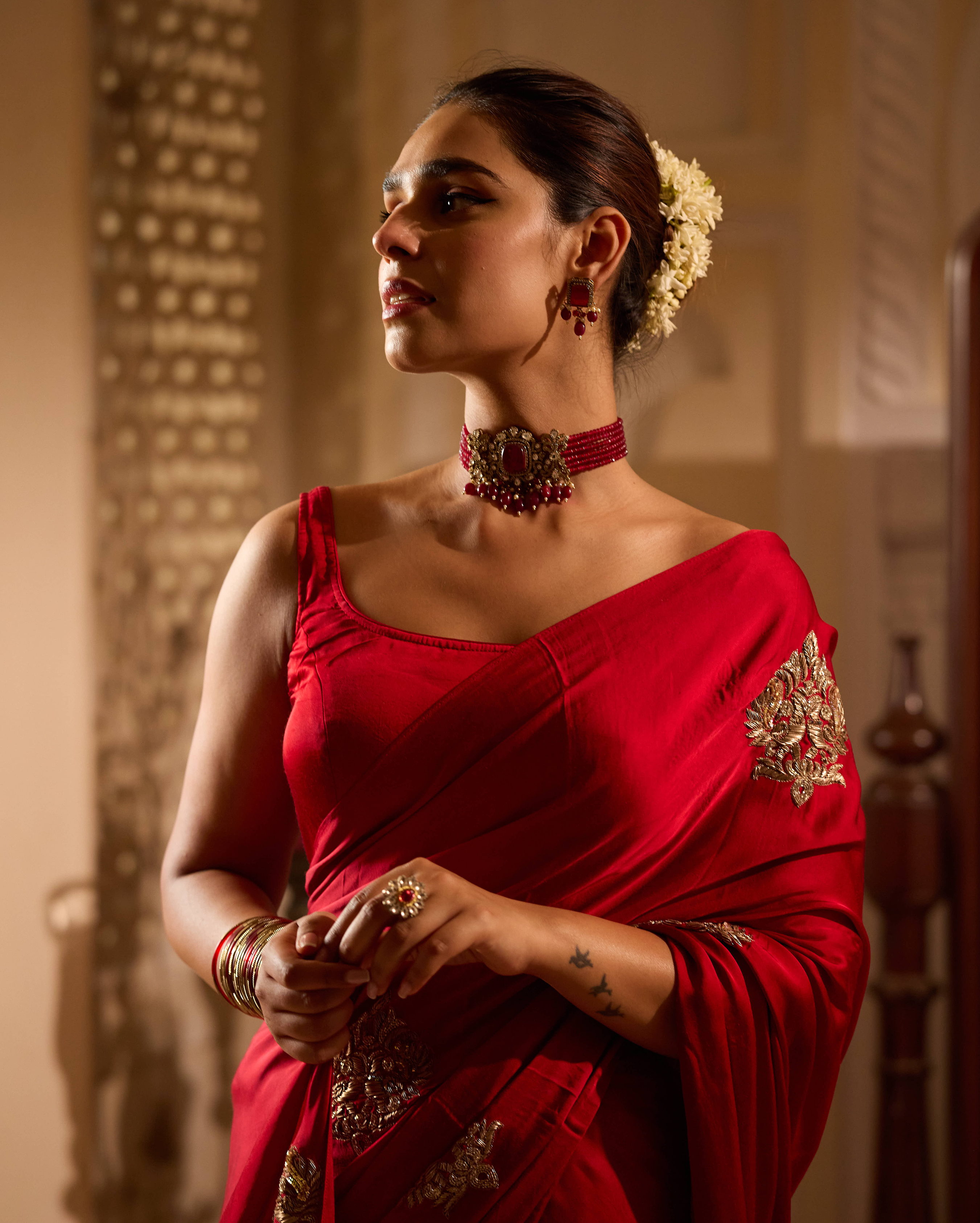 Nishaani Red Handcrafted Satin Saree