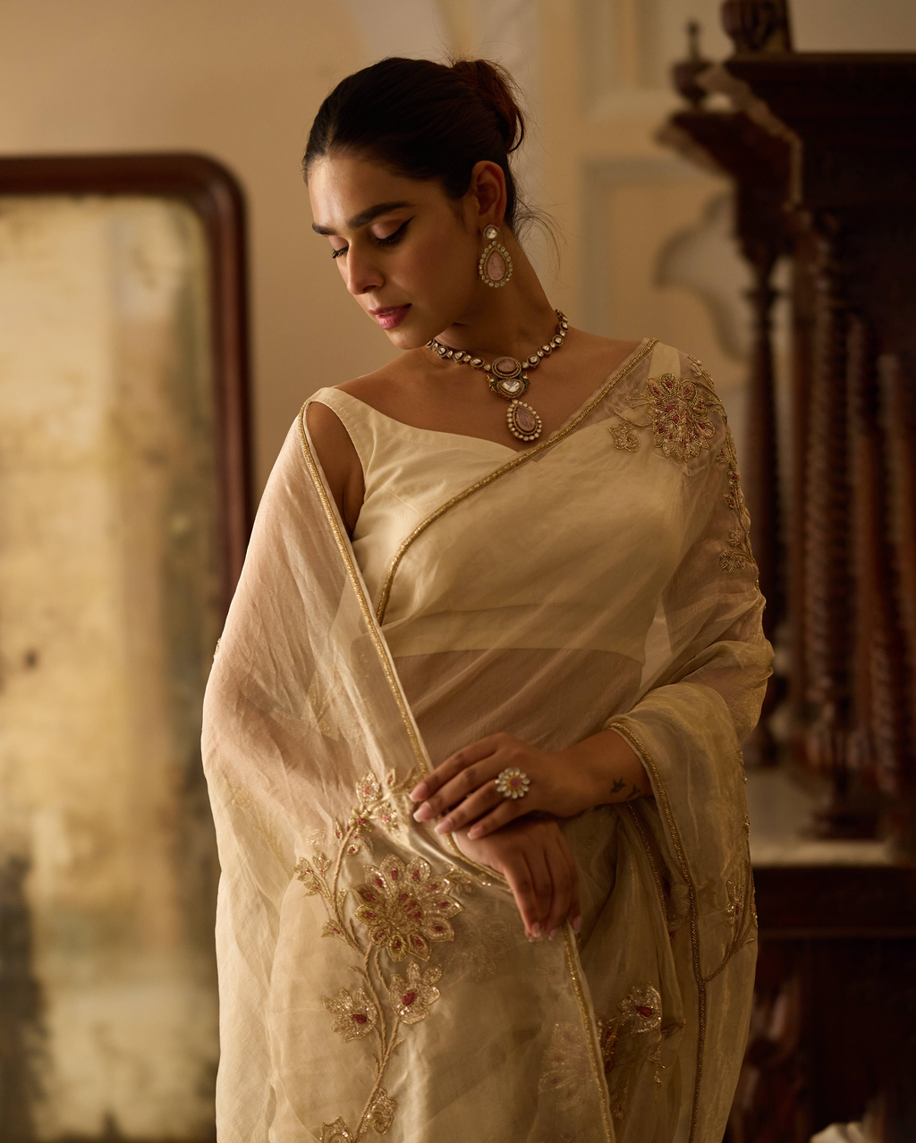 Yashoda Cream Handcrafted Pure Tissue Saree