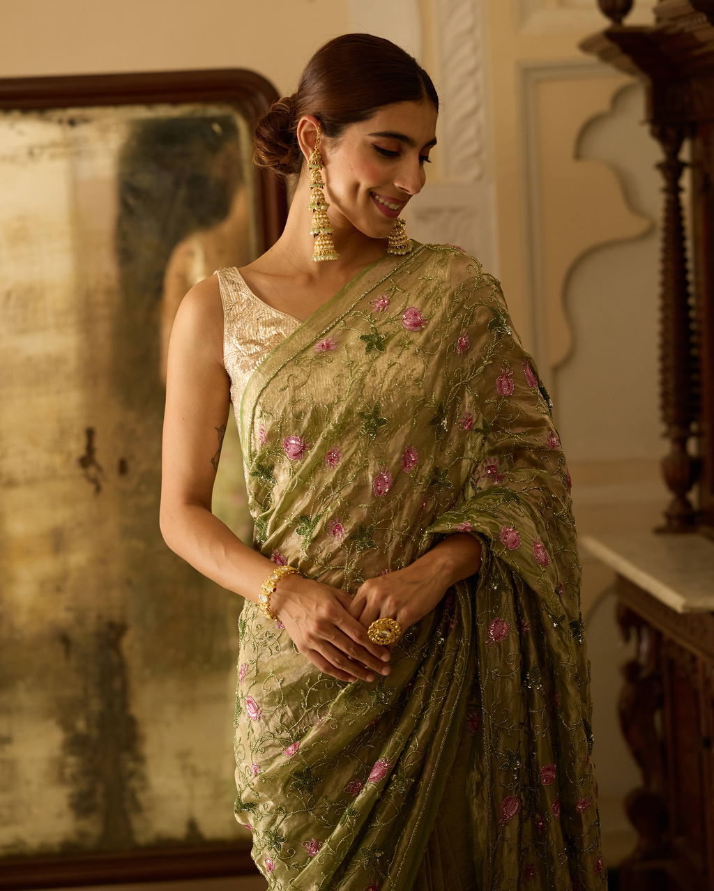 Manmohini Green Handcrafted Pure Tissue Saree