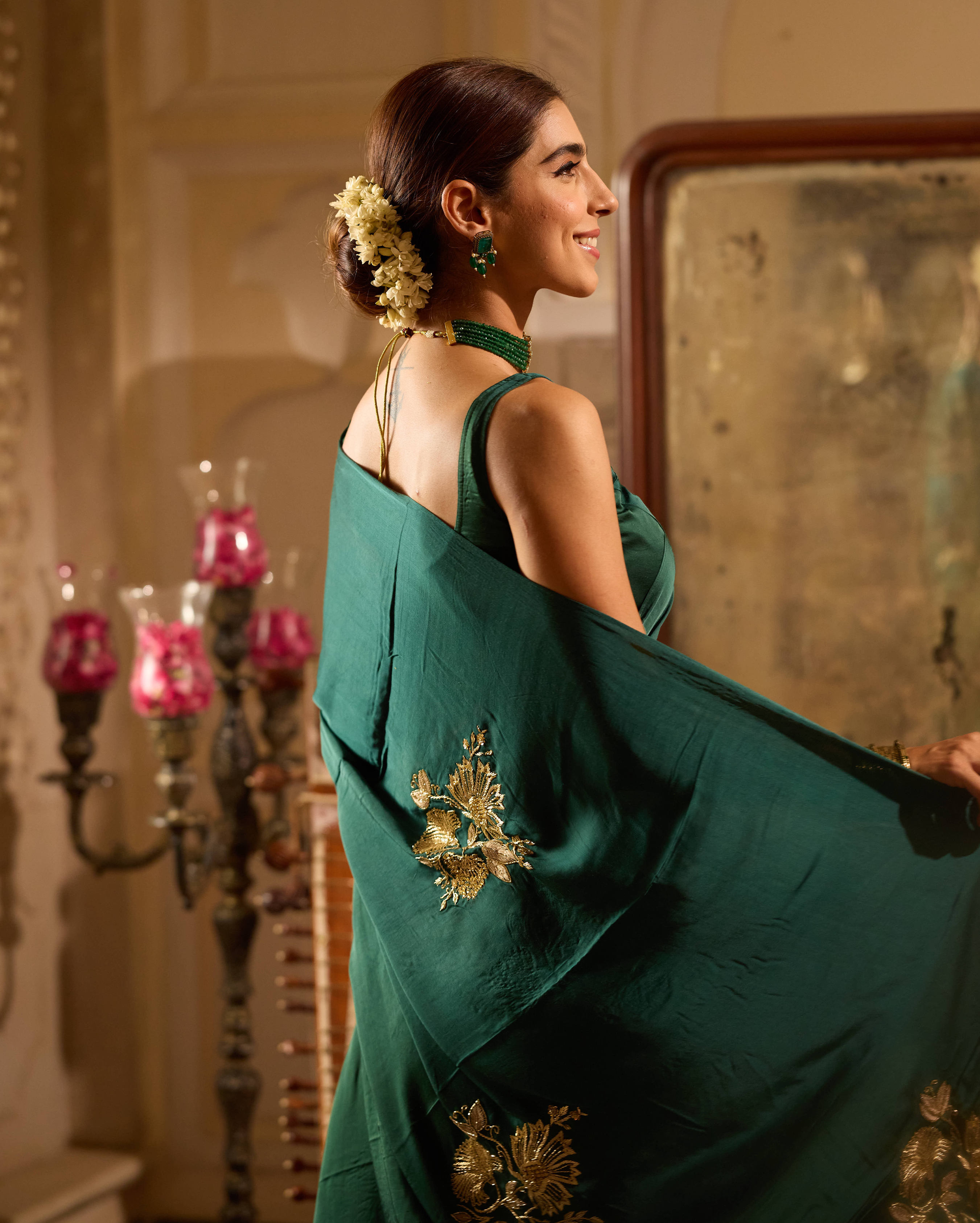 Yaadgaar Green Handcrafted Satin Saree