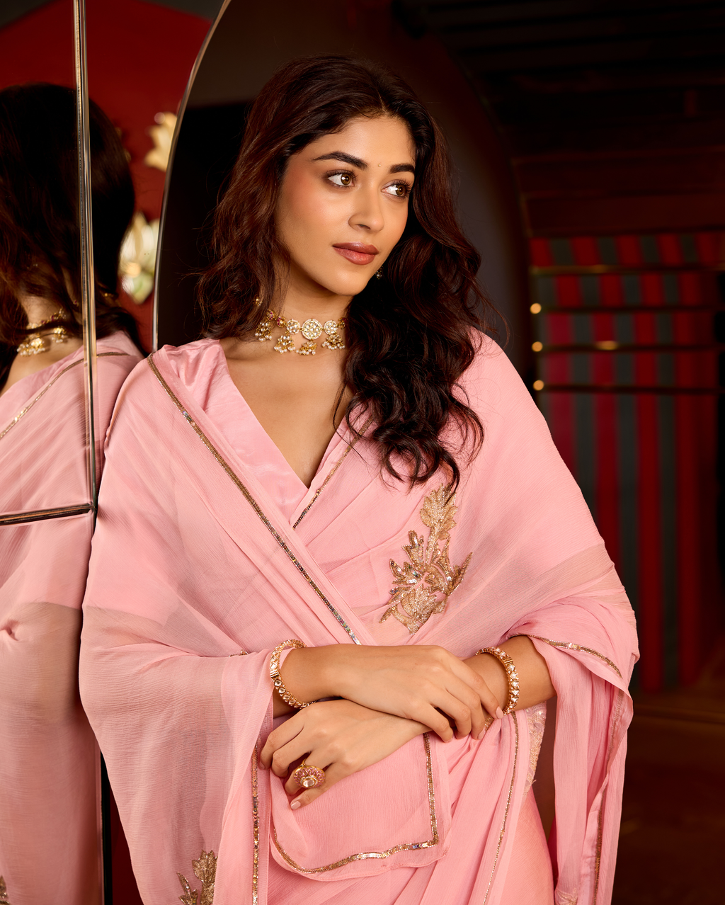 Ehsas Powder Pink Handcrafted Chiffon Saree