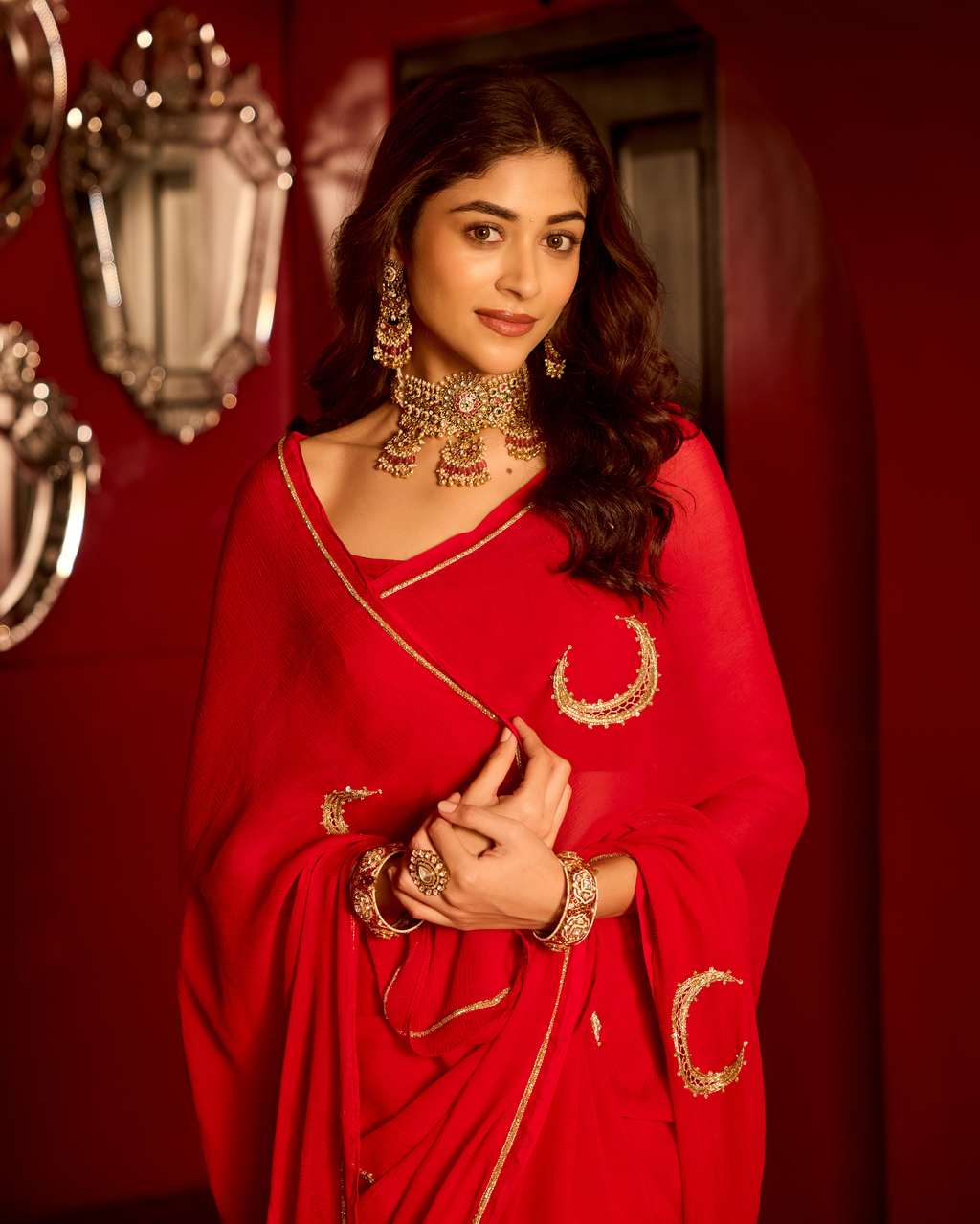 Utsaha Red Handcrafted Chiffon Saree