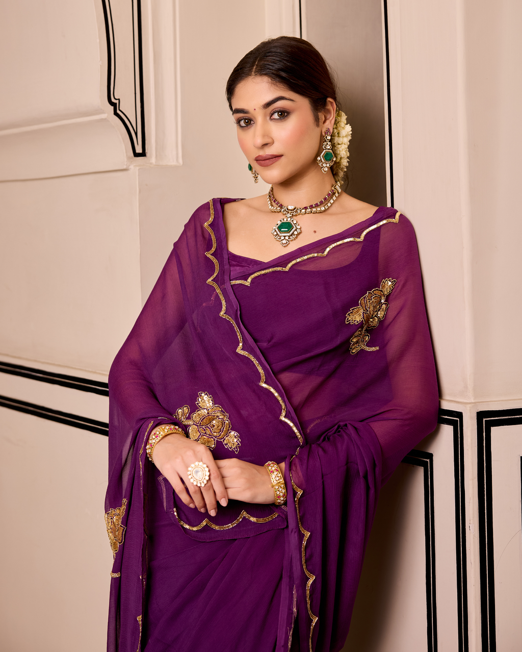 Mudita Purple Handcrafted Chiffon Saree