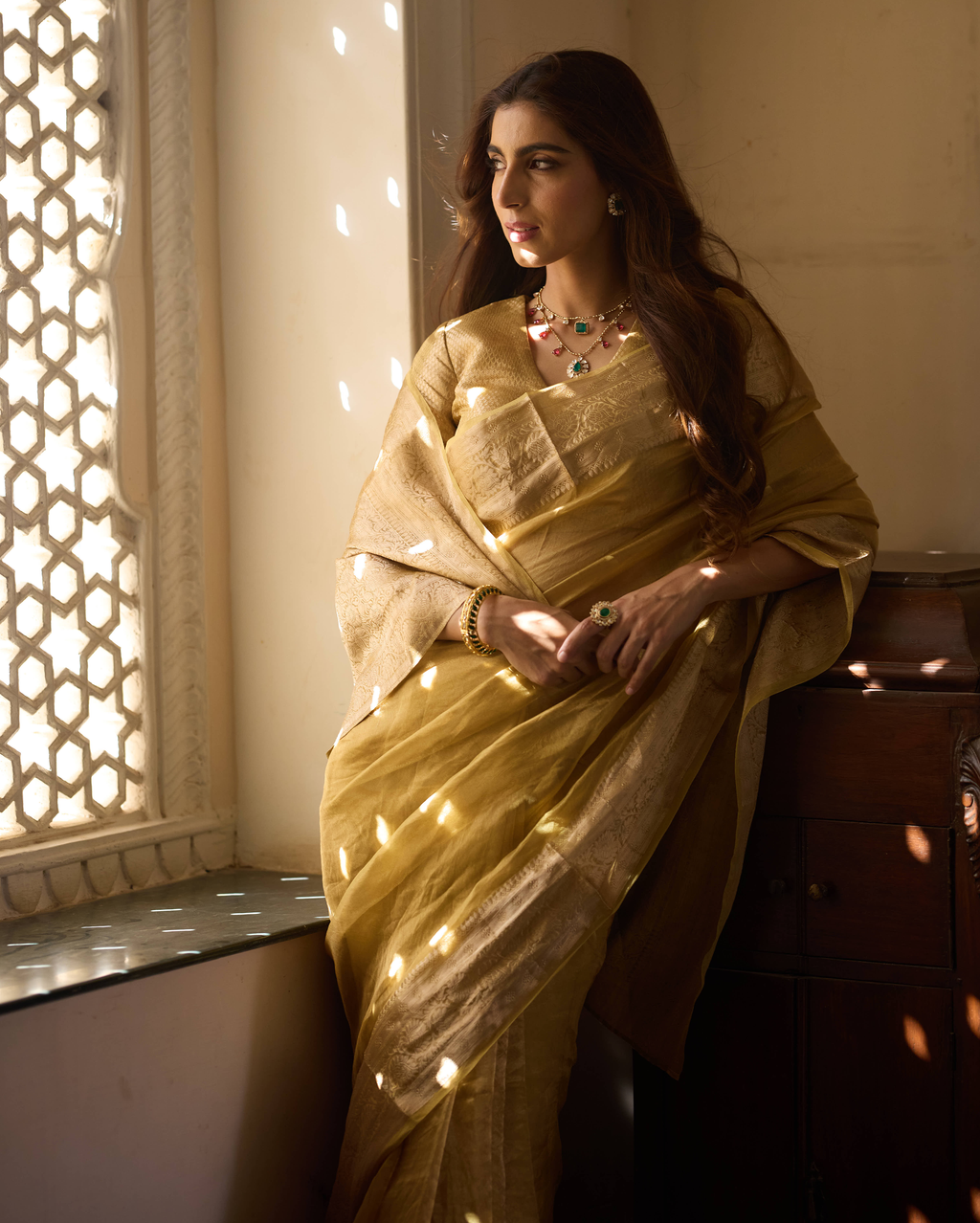 Vibha Golden Solid Pure Tissue Saree
