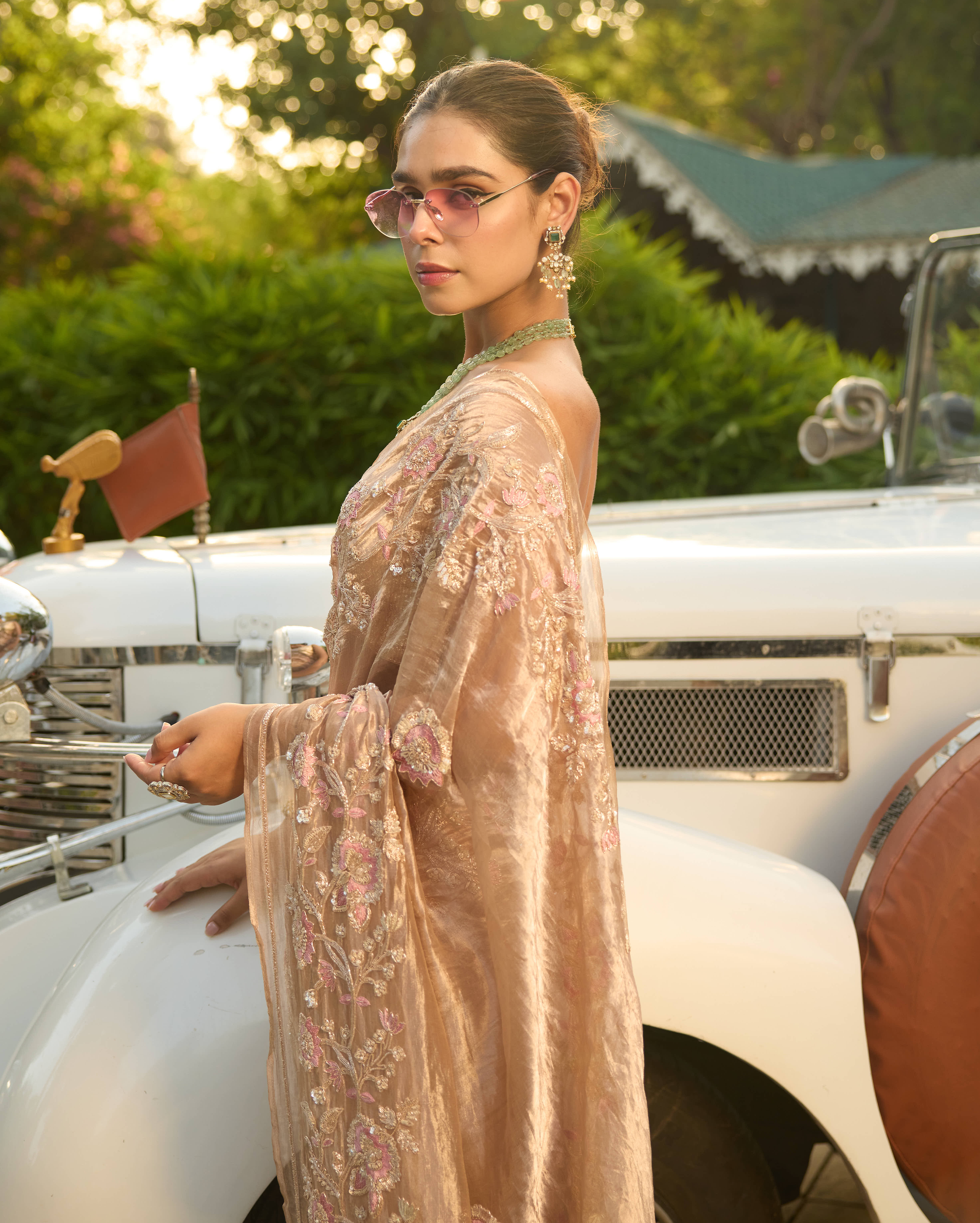 Sanyogita Beige Handcrafted Pure Tissue Saree