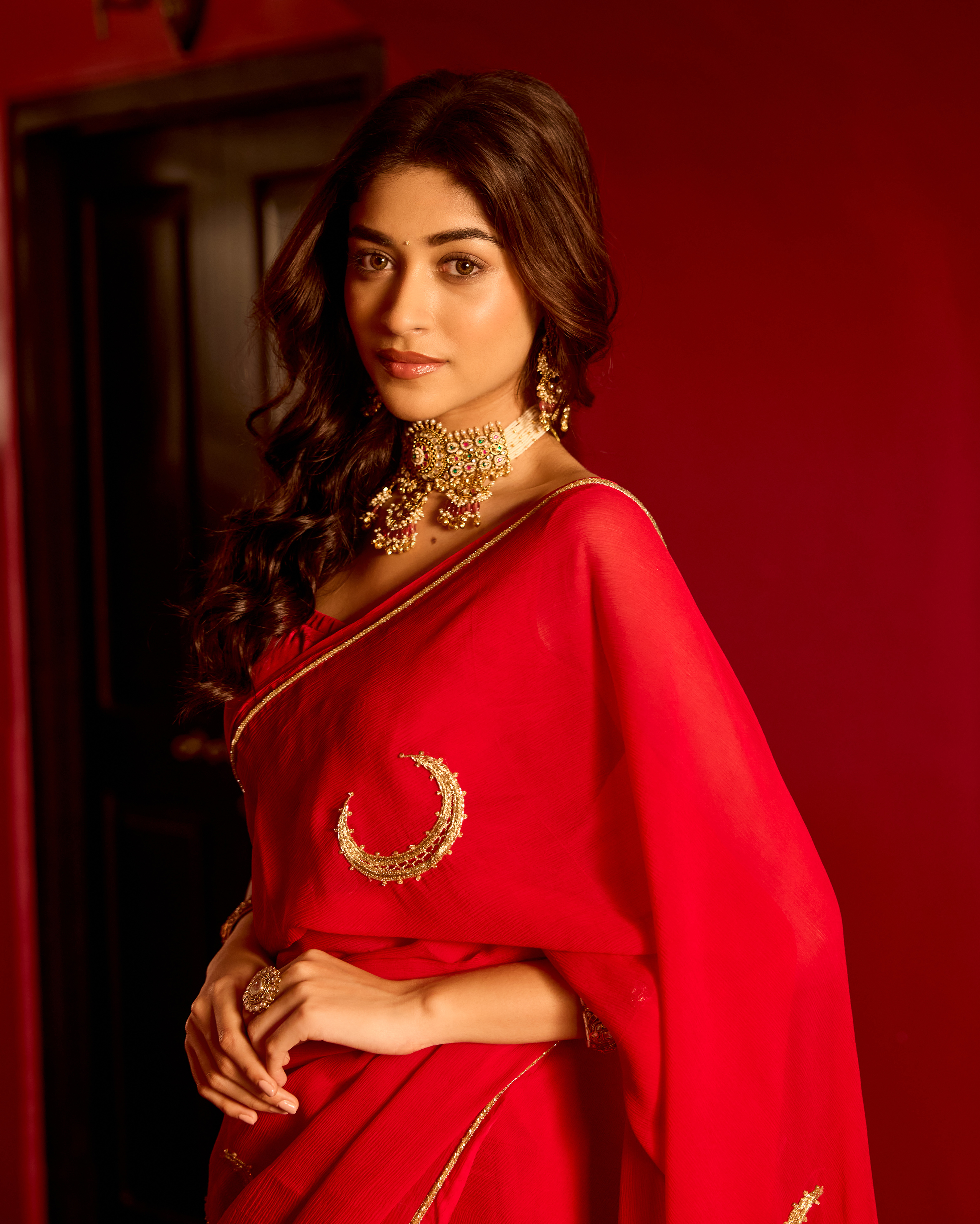 Utsaha Red Handcrafted Chiffon Saree