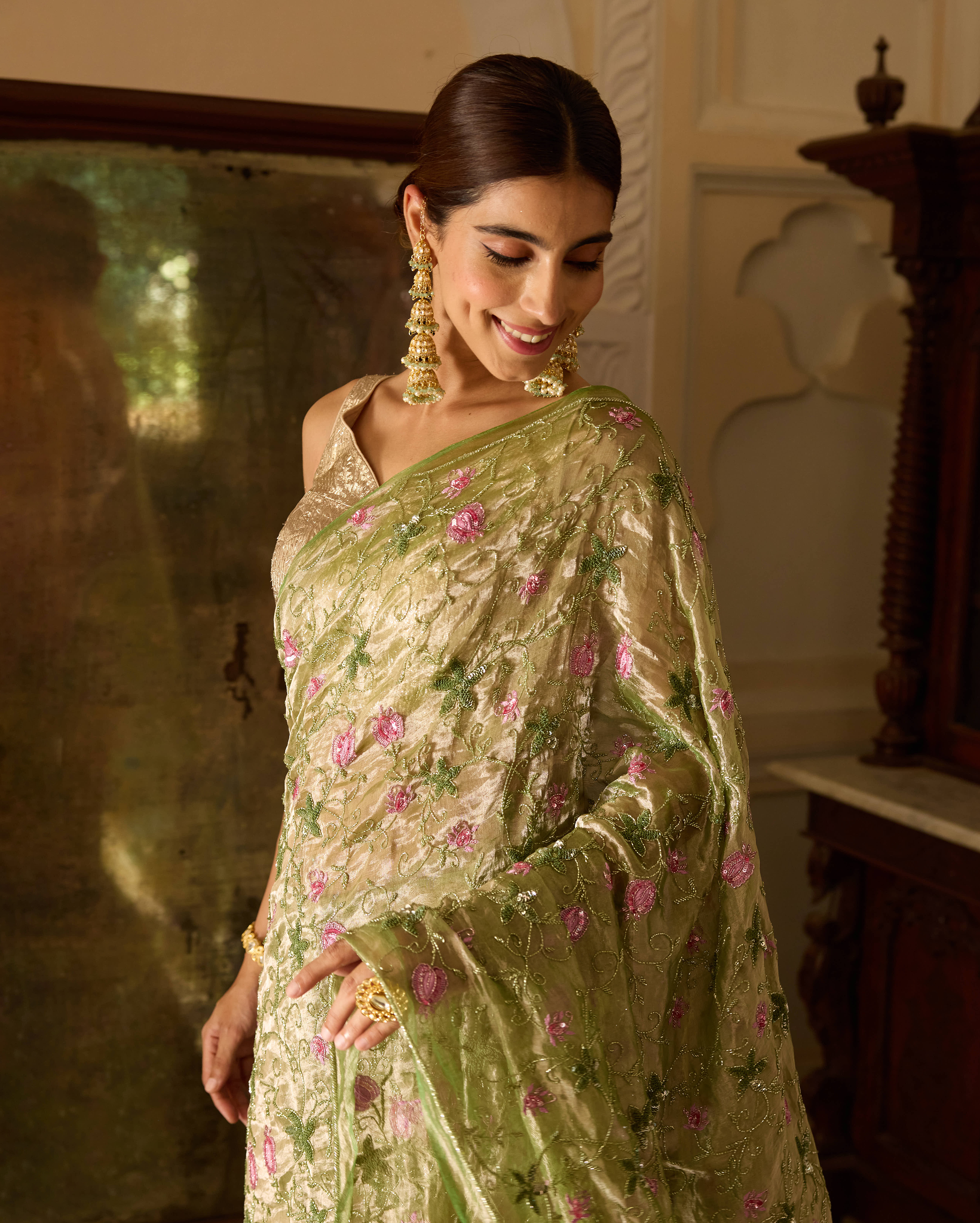 Manmohini Green Handcrafted Pure Tissue Saree