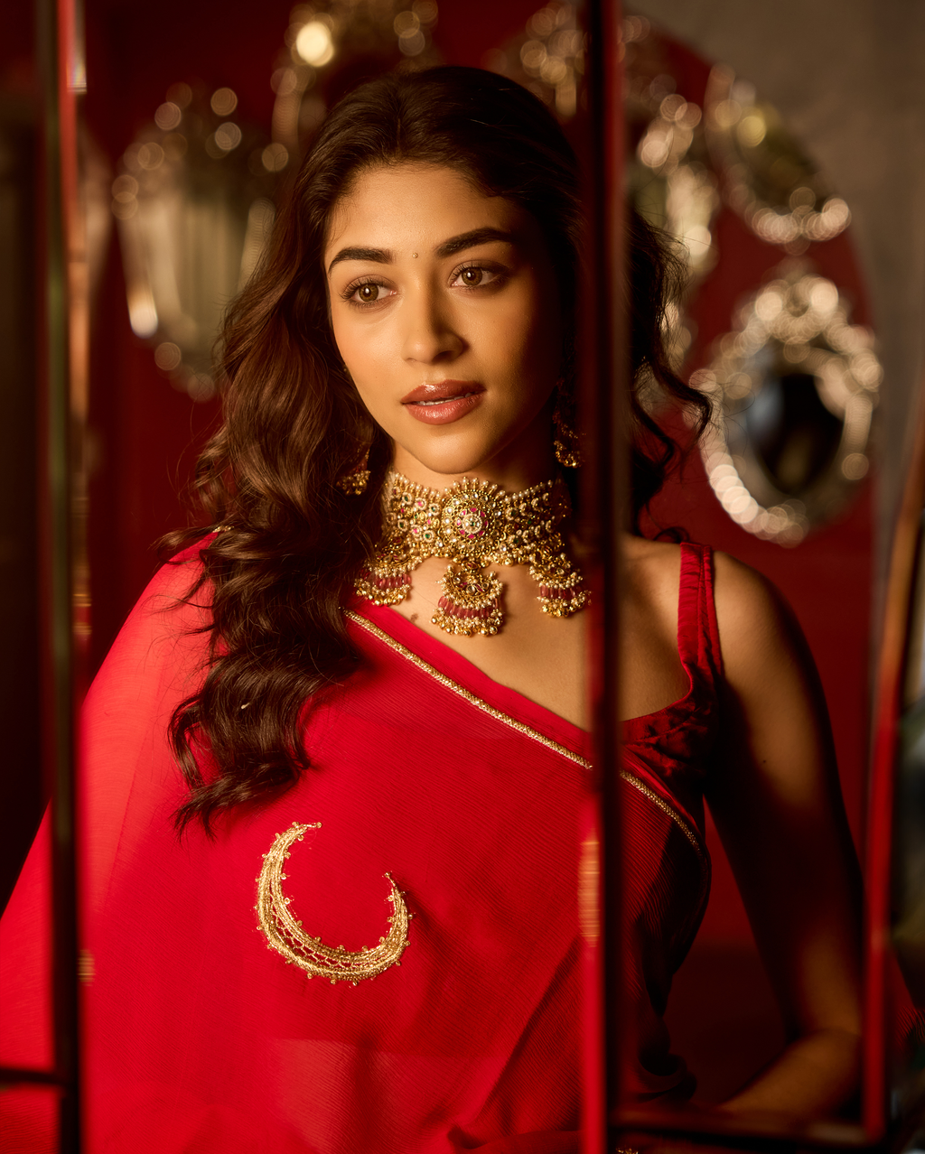 Utsaha Red Handcrafted Chiffon Saree