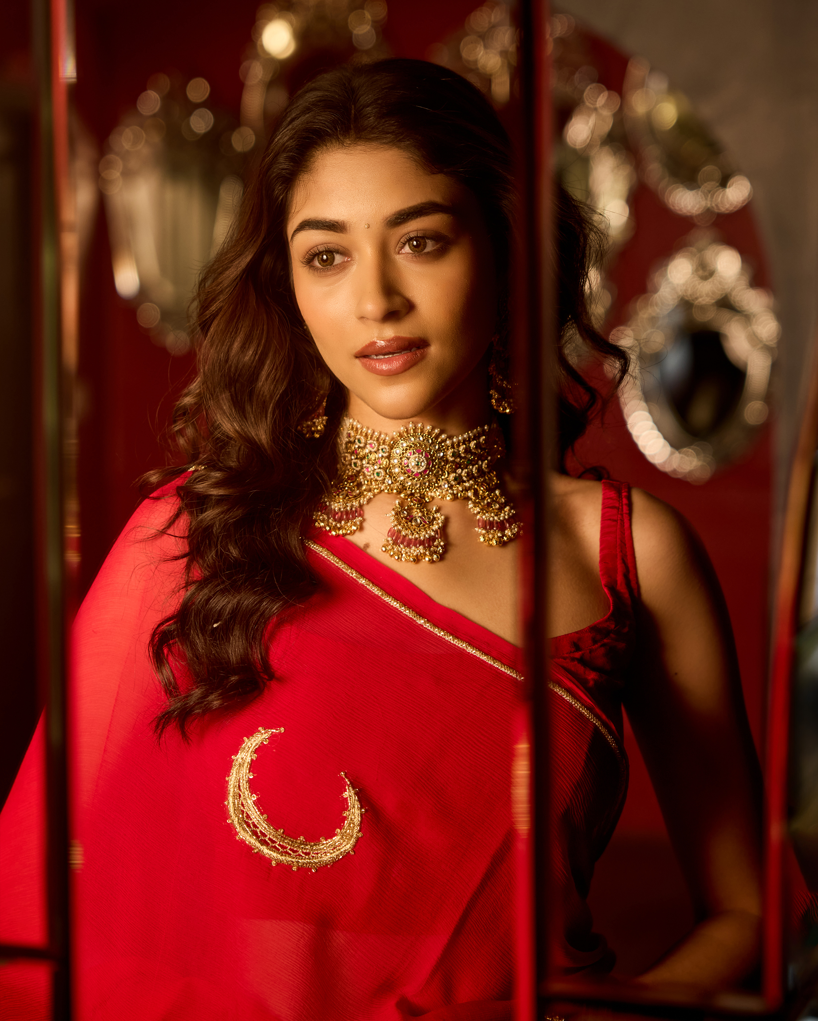 Utsaha Red Handcrafted Chiffon Saree