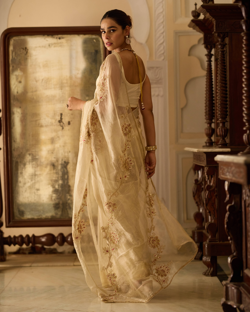 Yashoda Cream Handcrafted Pure Tissue Saree