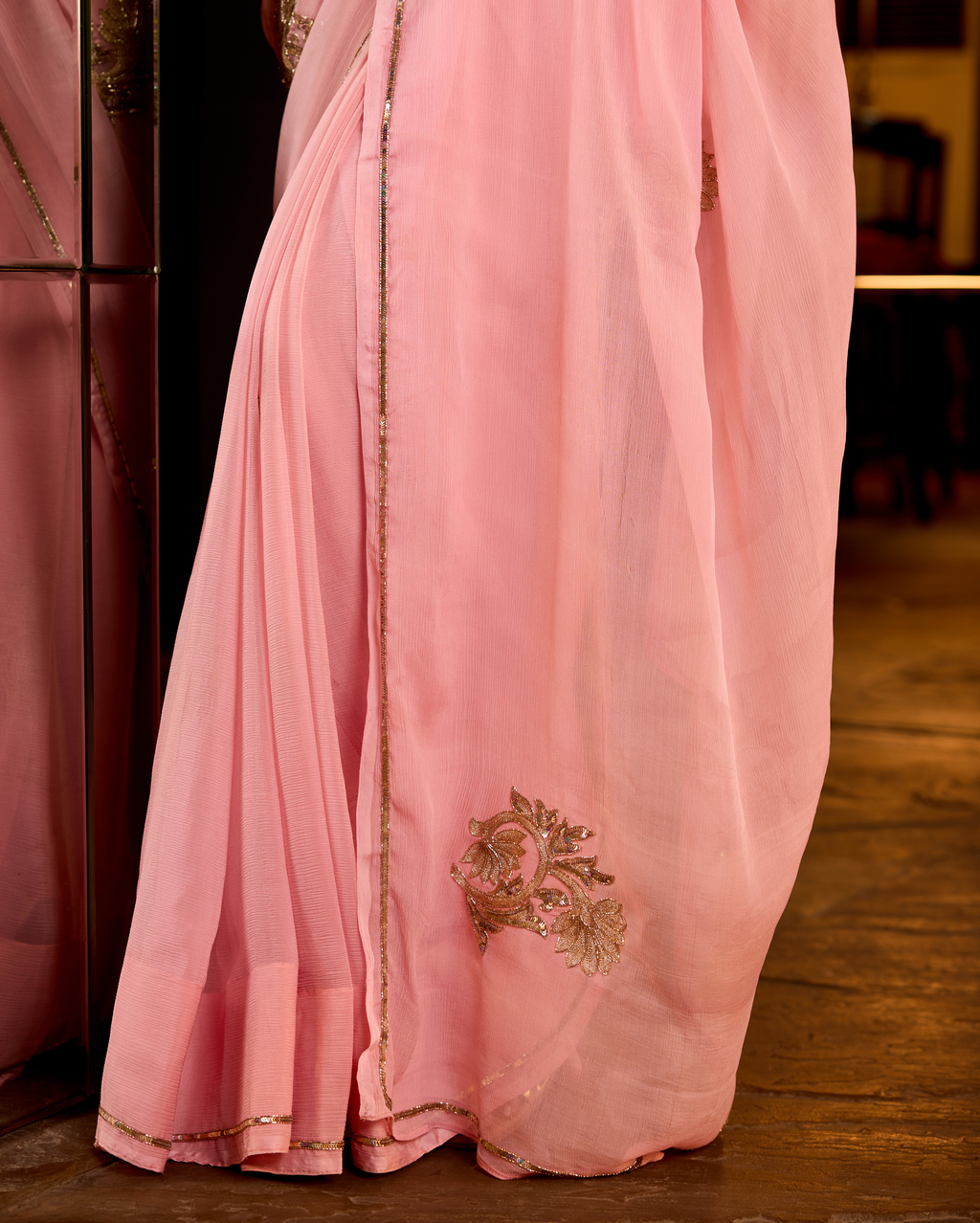 Ehsas Powder Pink Handcrafted Chiffon Saree