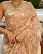 Sanyogita Beige Handcrafted Pure Tissue Saree