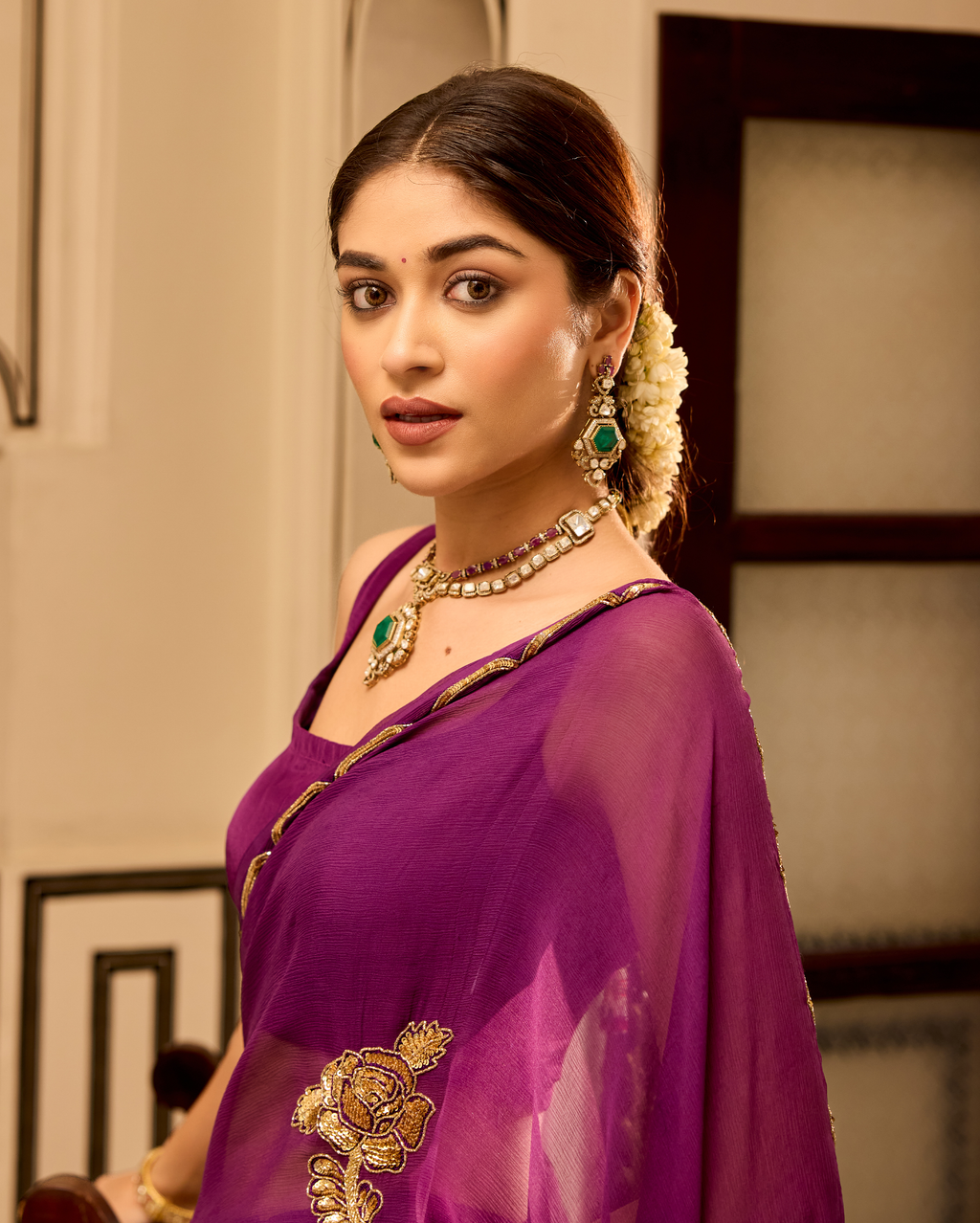 Mudita Purple Handcrafted Chiffon Saree