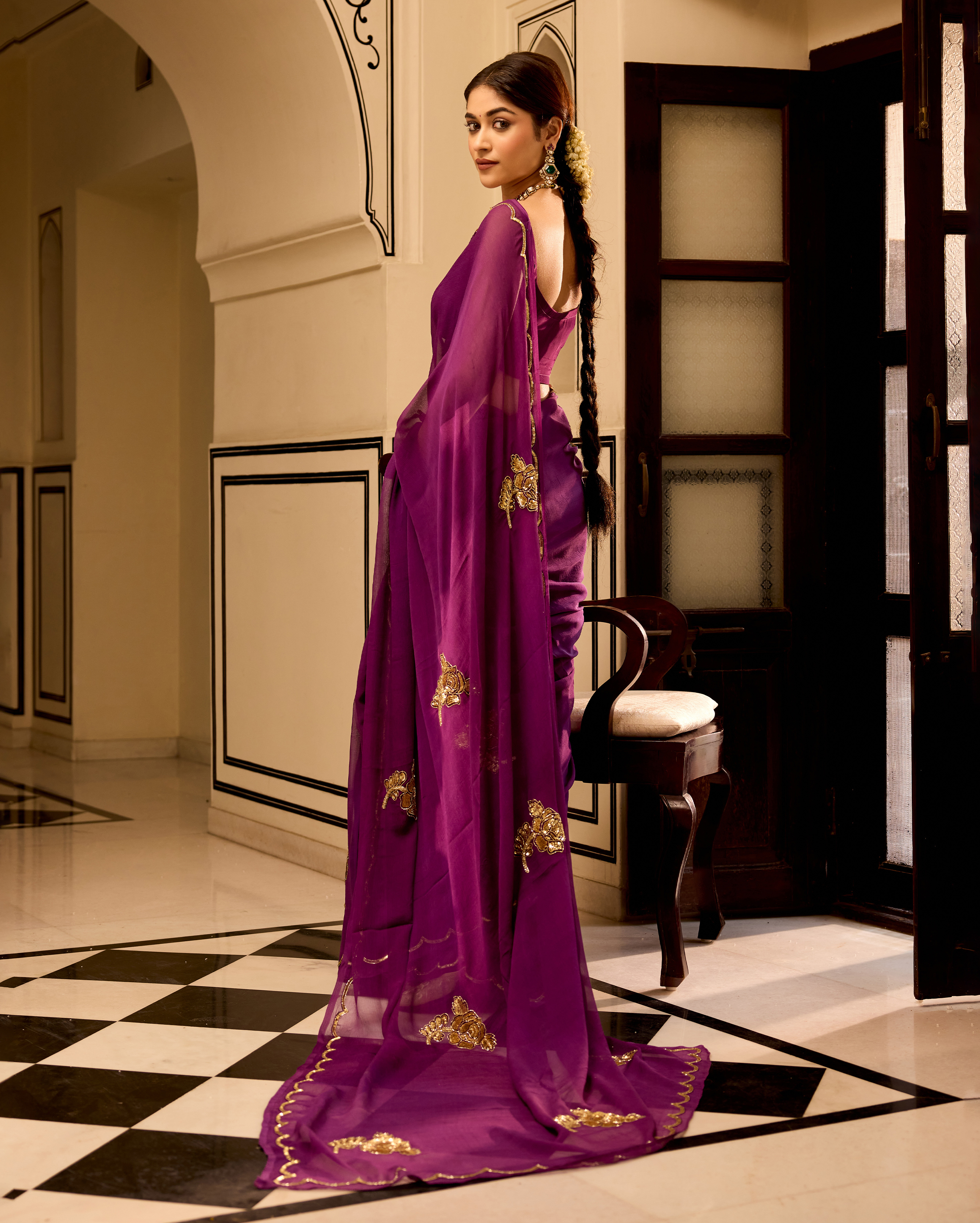 Mudita Purple Handcrafted Chiffon Saree