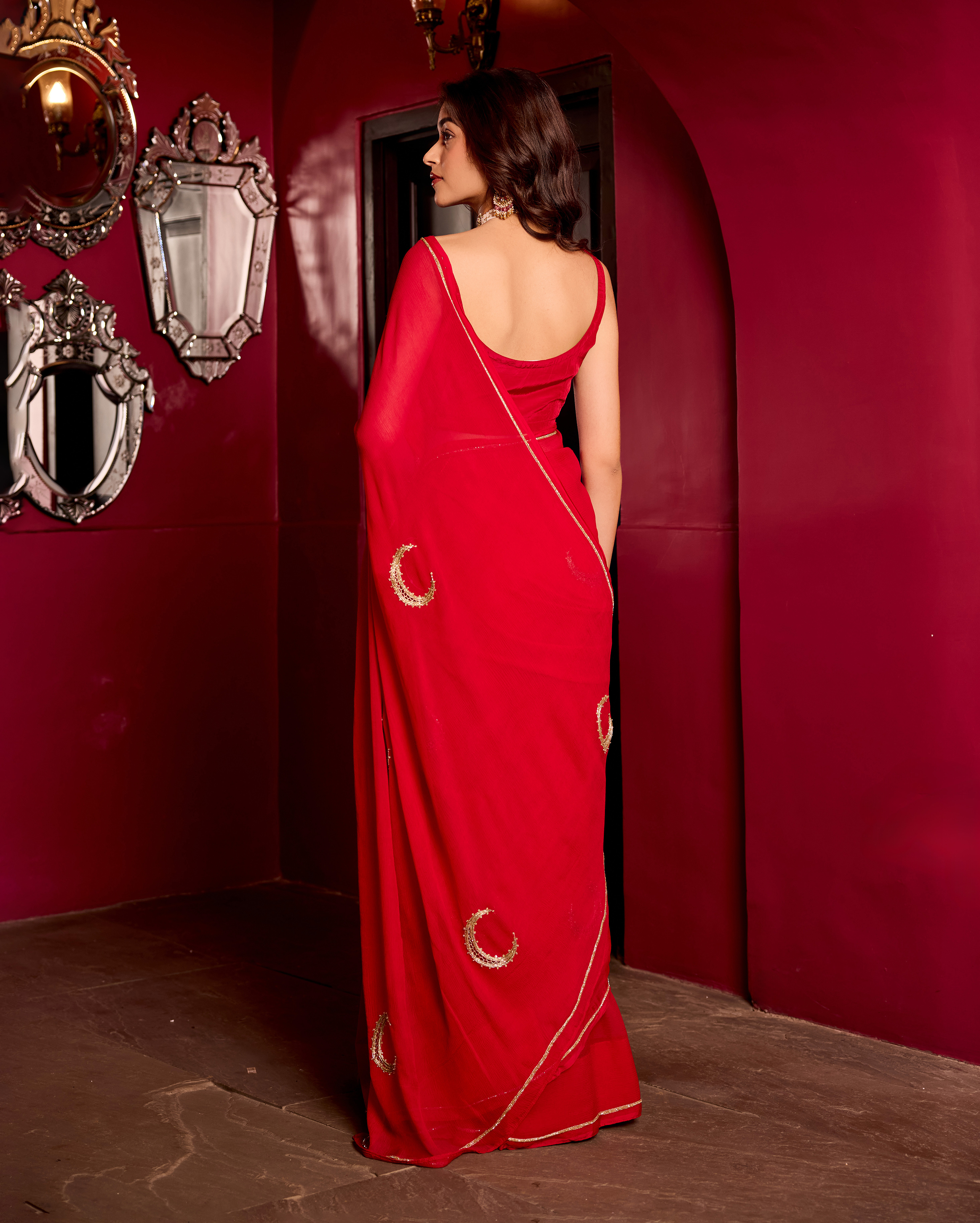 Utsaha Red Handcrafted Chiffon Saree